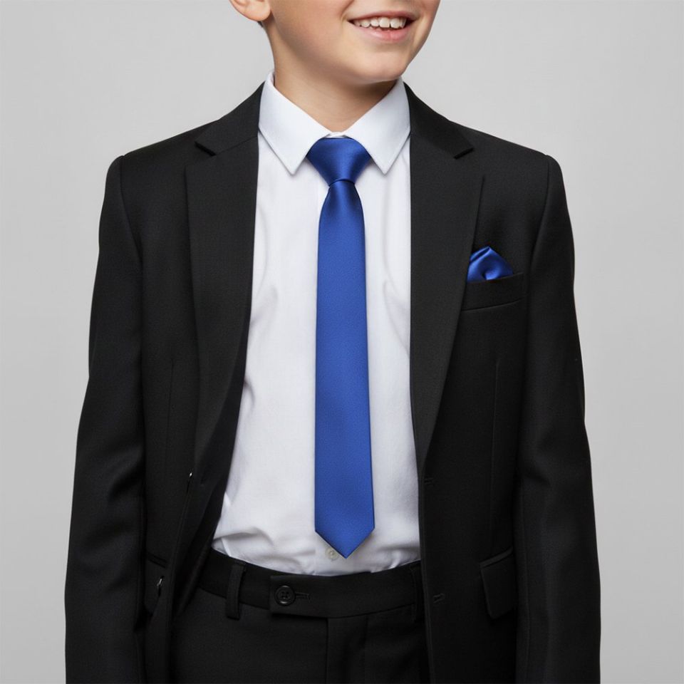 Plain Royal Blue Satin Skinny Boys Tie and Pocket Square Set