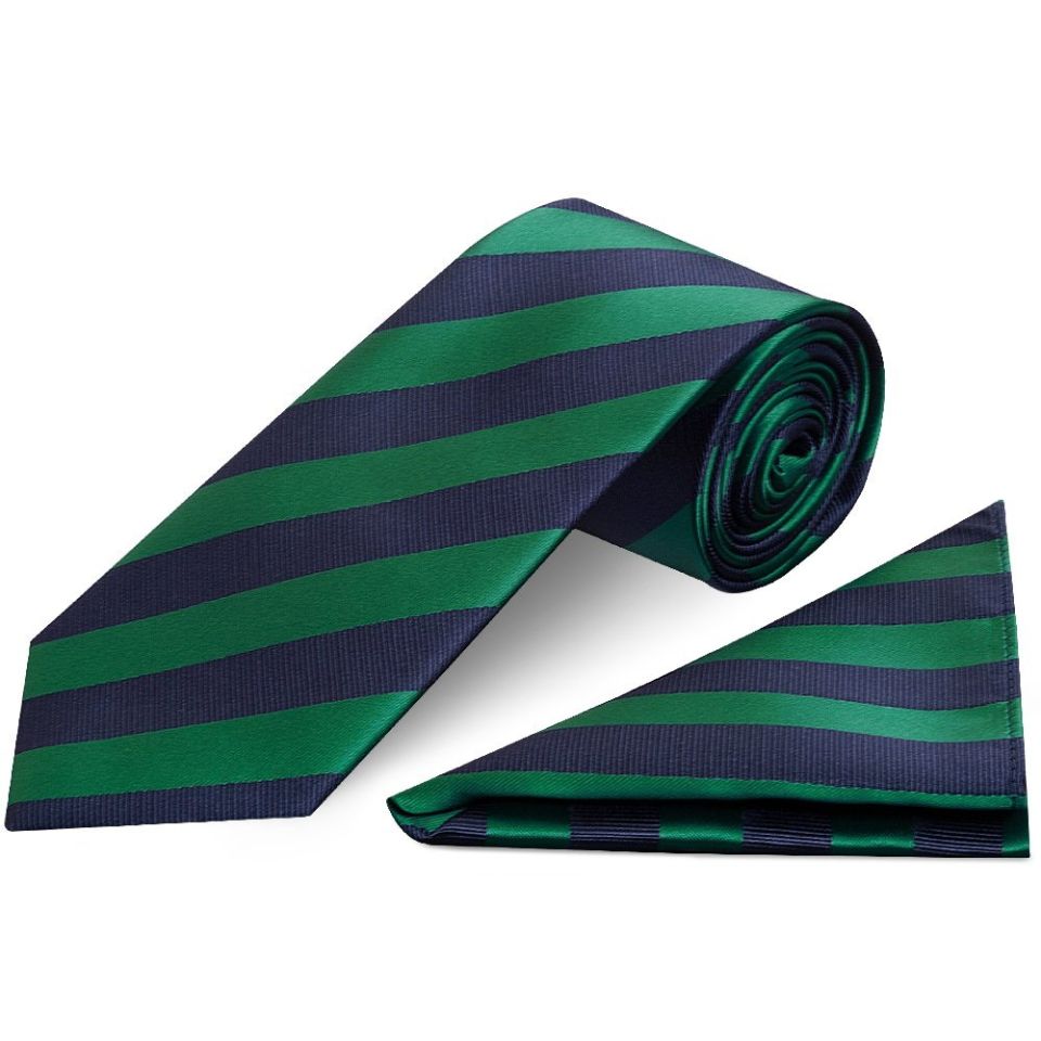 Navy and Green Striped Classic Men's Tie and Pocket Square Set