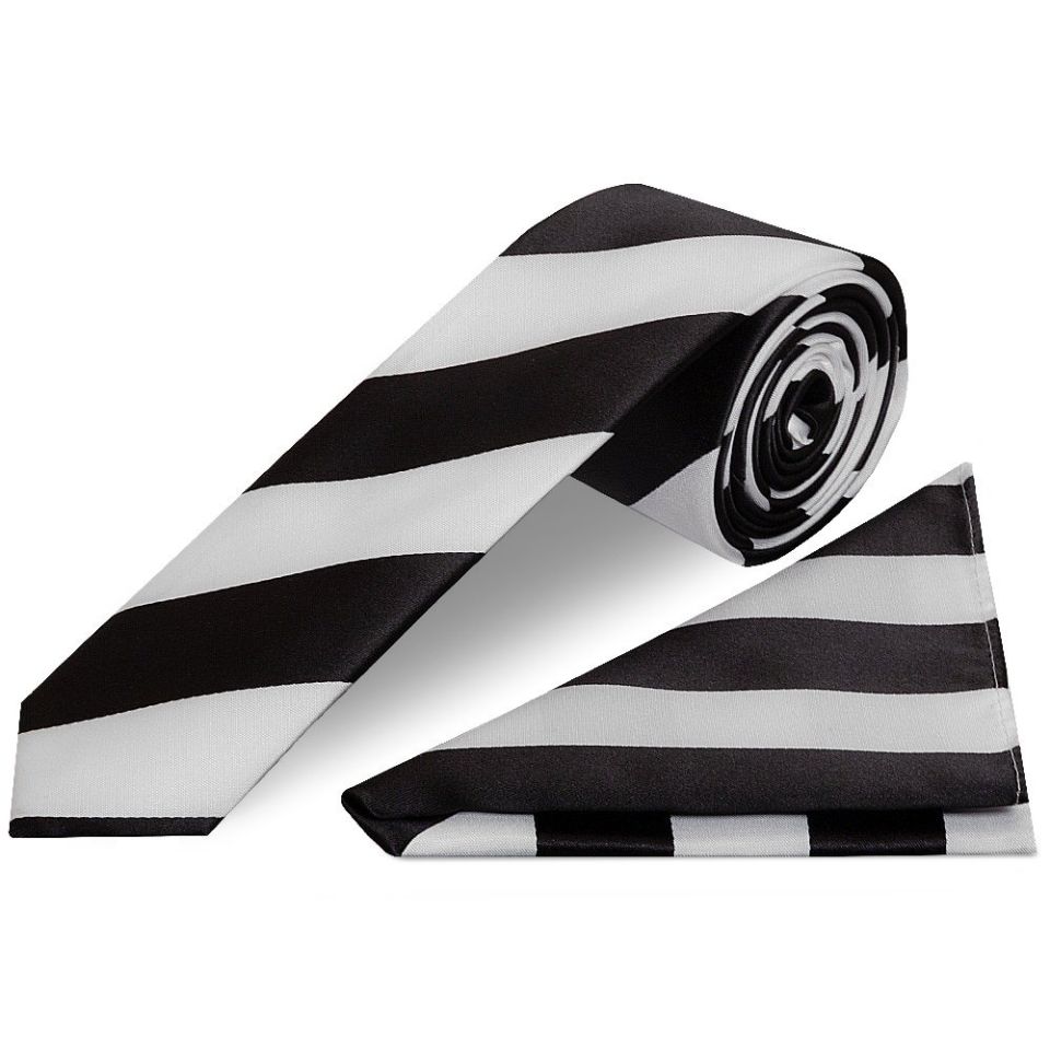 Black and White Striped Skinny Boys Tie and Pocket Square Set