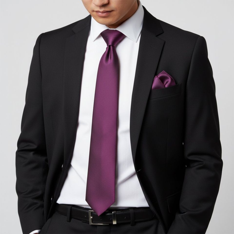 Plain Plum Satin Classic Men's Tie and Pocket Square Set