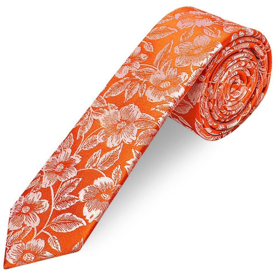 Mens Orange Floral Silk Skinny Tie and Pocket Square