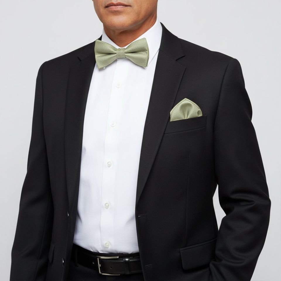 Mens Plain Khaki Green Silk Bow Tie and Pocket Square Set