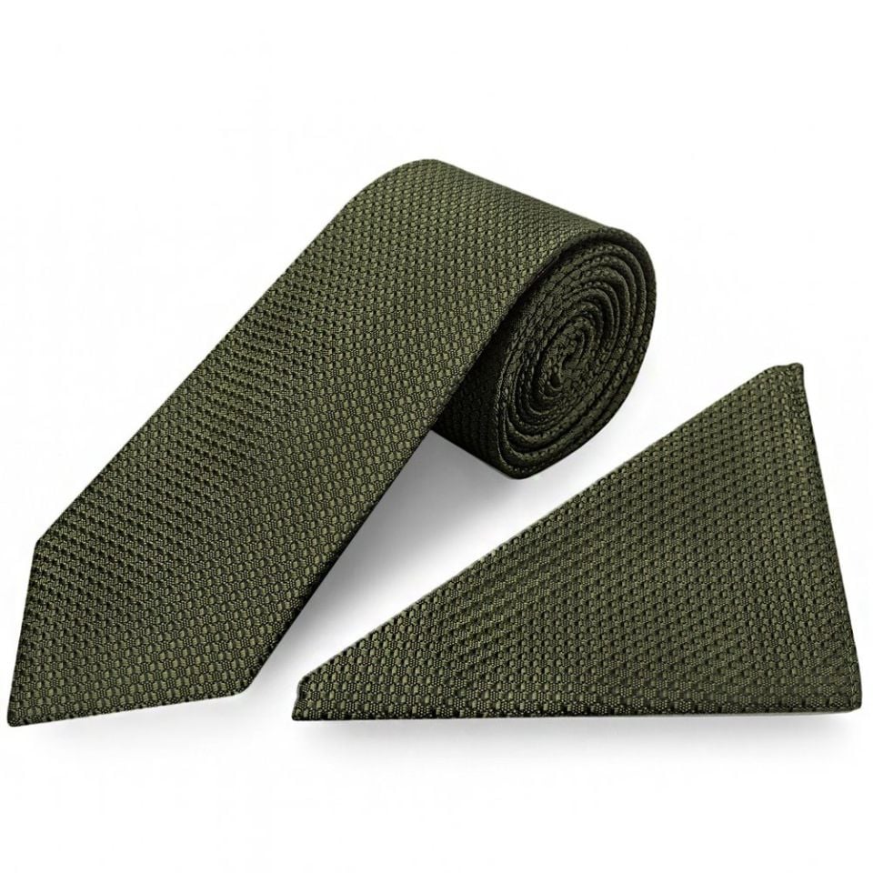 Olive Green Textured Classic Tie and Pocket Square Set
