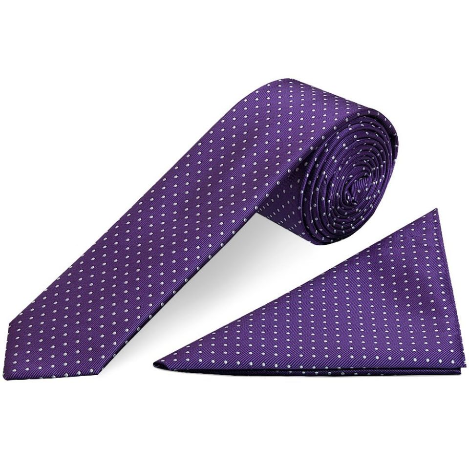 Purple and White Polka Dot Skinny Boys Tie and Pocket Square Set