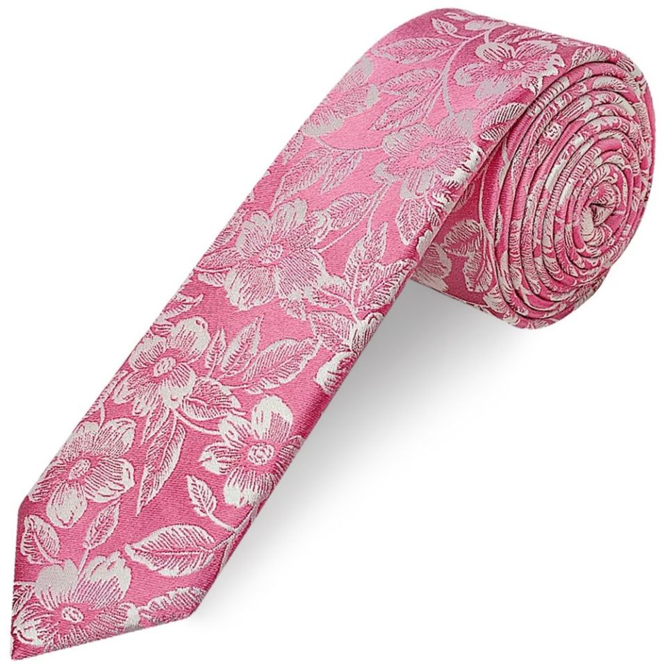 Mens Dusty Pink Floral Silk Skinny Tie and Pocket Square
