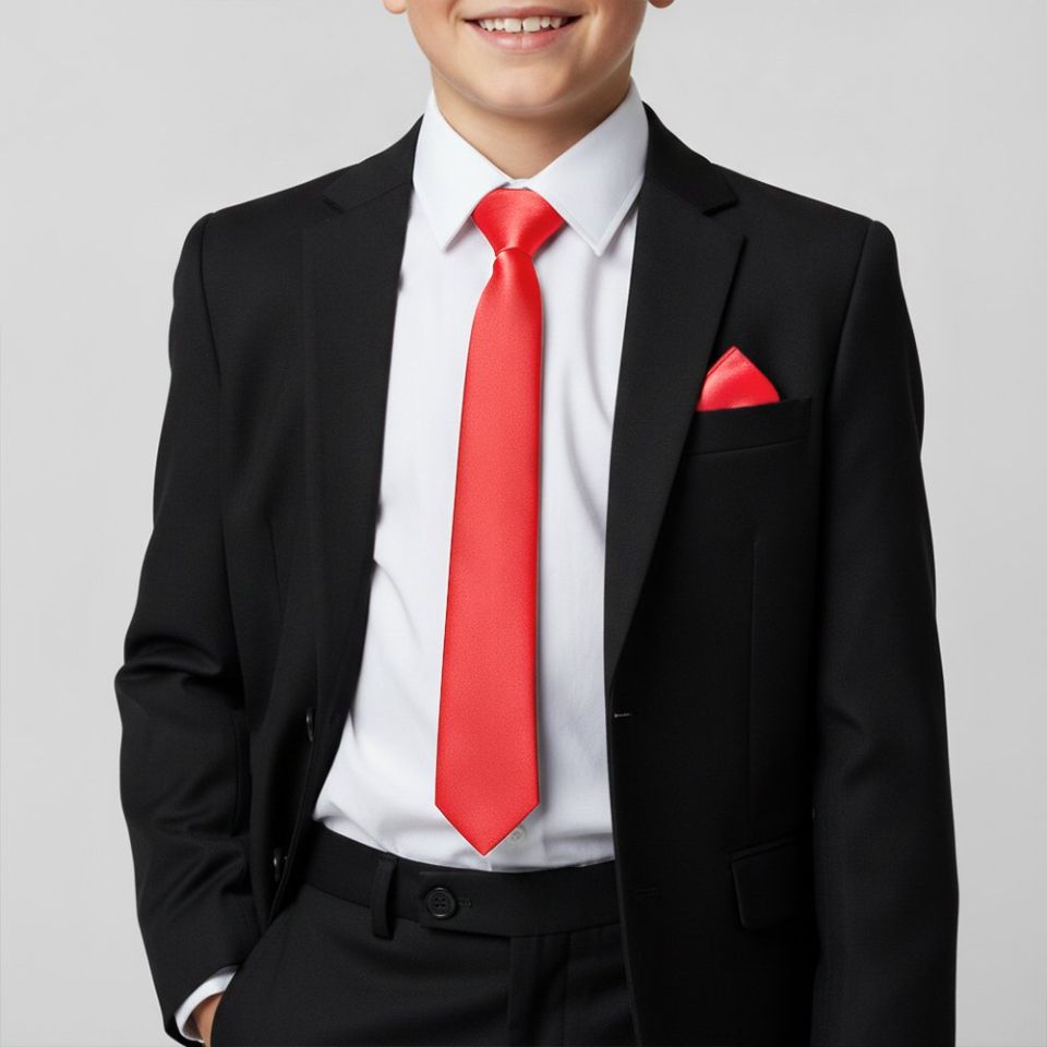 Plain Coral Pink Satin Boys Tie and Pocket Square Set