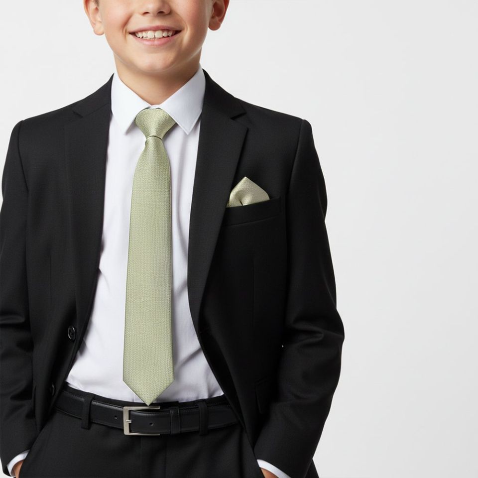 Plain Khaki Green Silk Skinny Boys Tie and Pocket Square Set