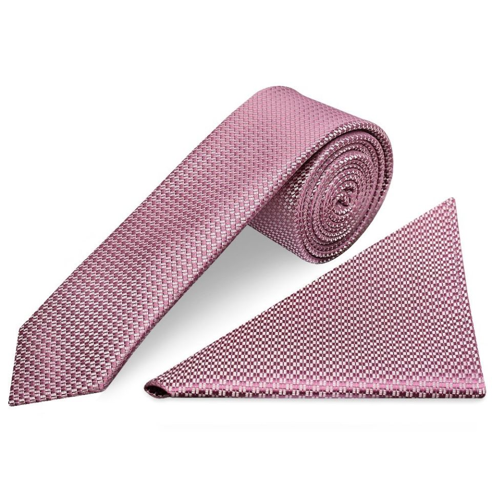 Dusty Pink Textured Skinny Tie and Pocket Square Set