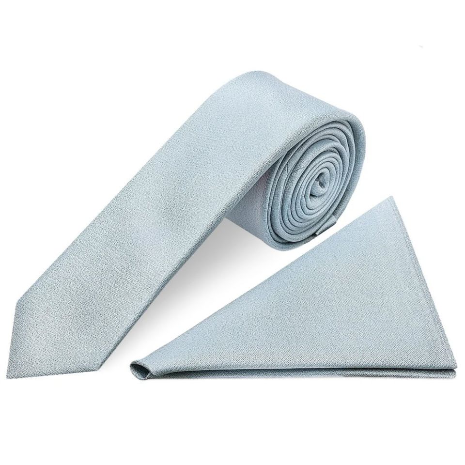 Plain Steel Blue Silk Skinny Boys Tie and Pocket Square Set