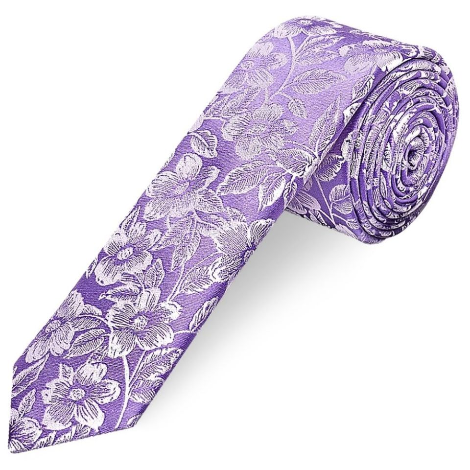 Mens Lavender Floral Silk Skinny Tie