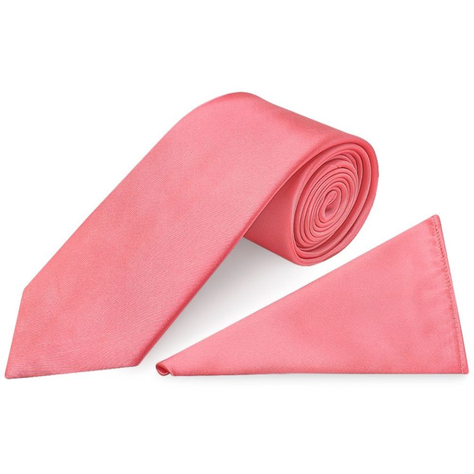 Plain Light Coral Pink Satin Classic Men's Tie and Pocket Square Set