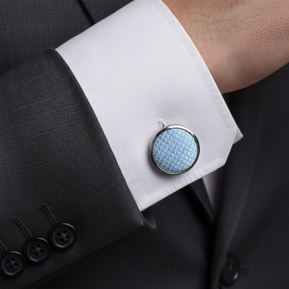 Dusty Blue Textured Stripe Mens Silk Classic Tie Pocket Square and Cufflinks Box Set
