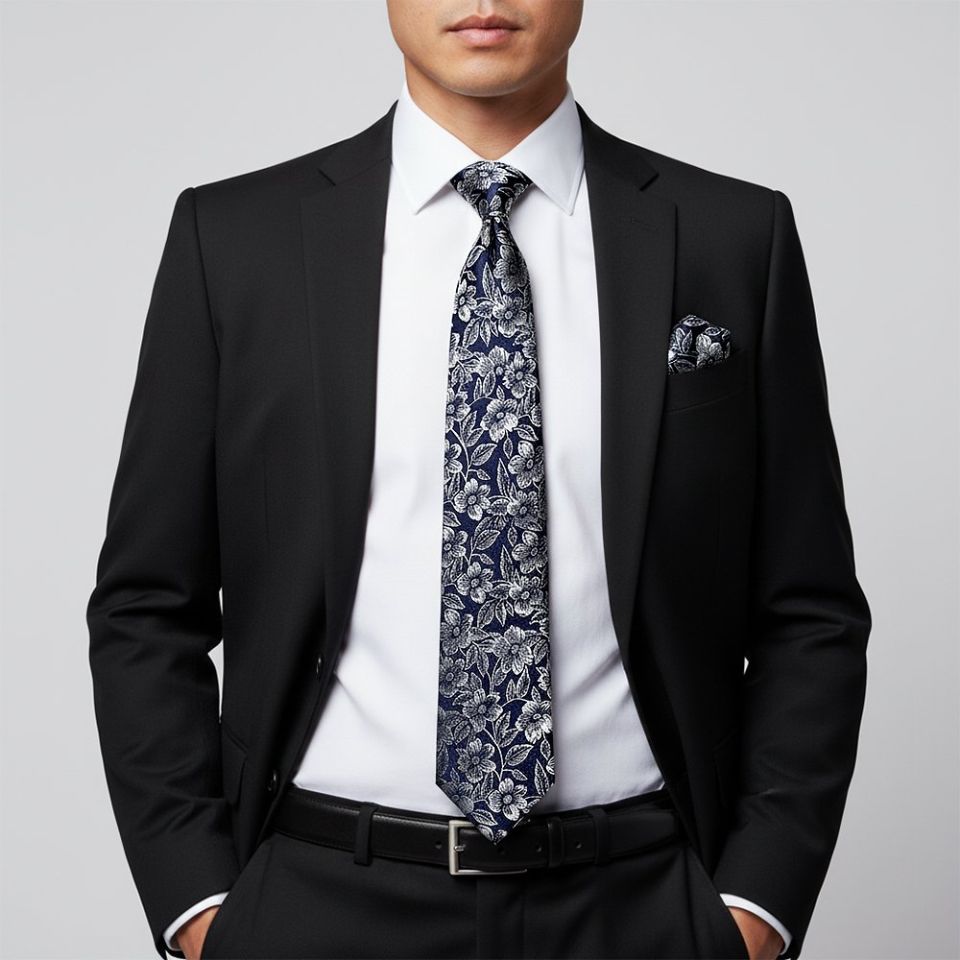 Mens Navy Floral Silk Classic Tie and Pocket Square