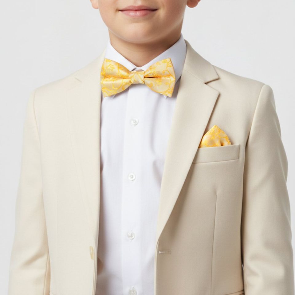 Pre Tied Bright Yellow Floral Boys Bow Tie and Pocket Square Set