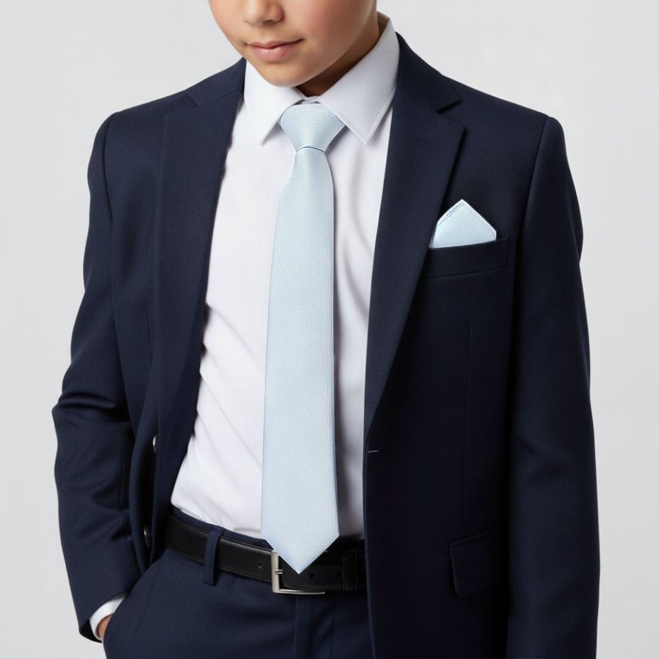 Plain Sky Blue Silk Skinny Boys Tie and Pocket Square Set