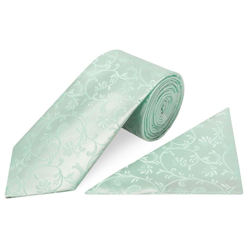 Mint Green Floral Classic Men's Tie and Pocket Square Set