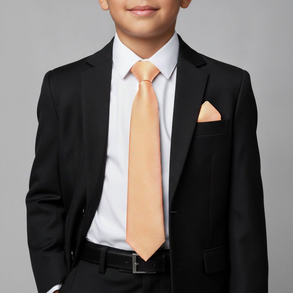 Plain Peach Textured Silk Skinny Boys Tie and Pocket Square Set