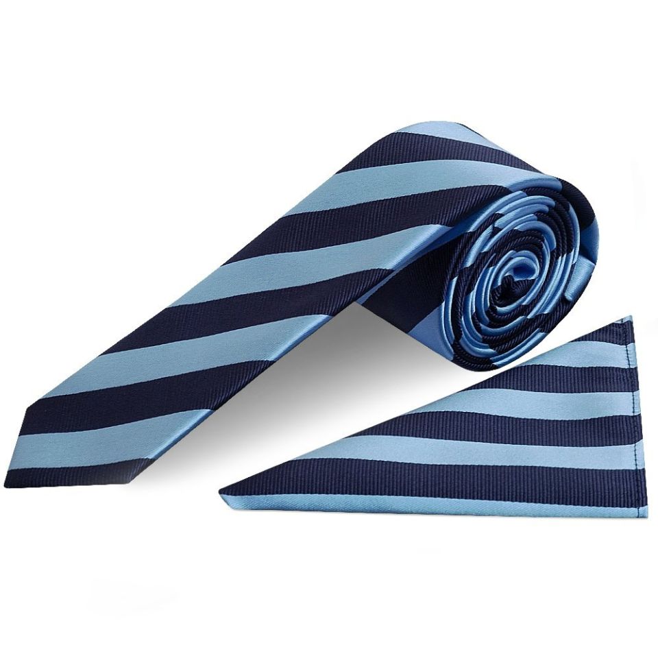 Navy and Light Blue Striped Skinny Men's Tie and Pocket Square Set