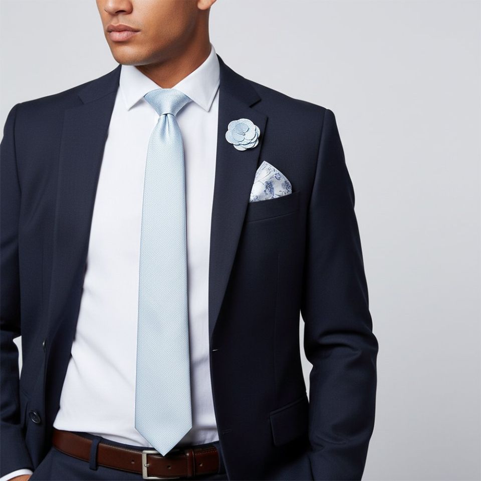 Classic Blue Mens Tie with Pocket Square and Lapel Pin Set