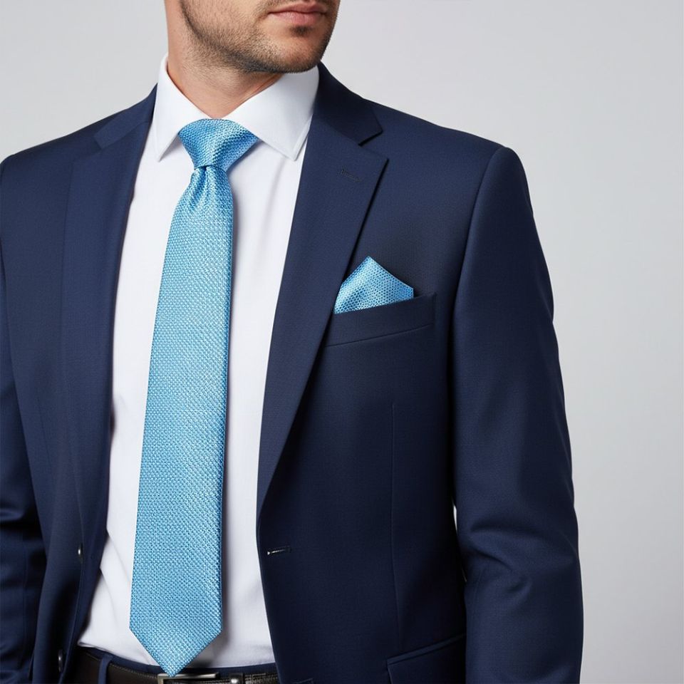 Blue Textured Classic Tie and Pocket Square Set