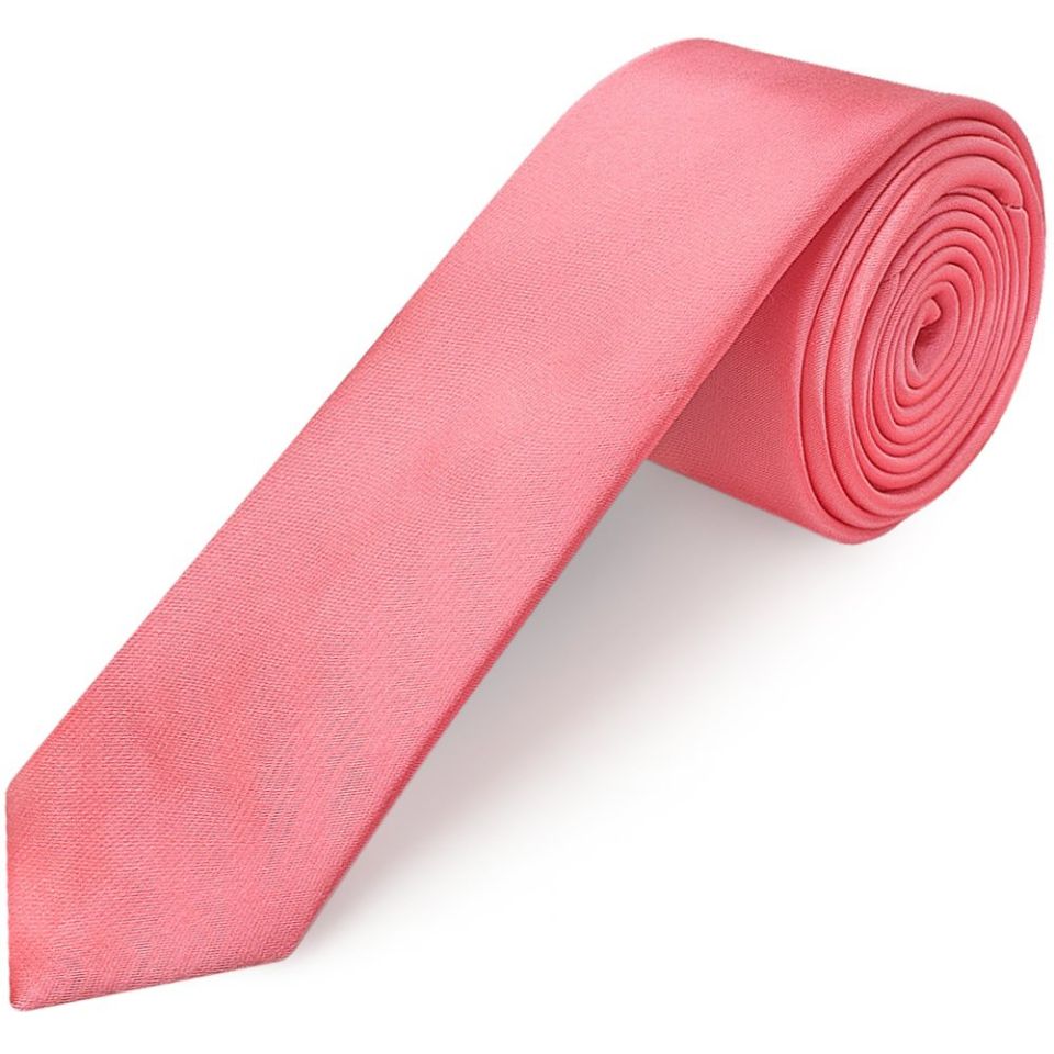 Plain Light Coral Pink Satin Skinny Boys Tie and Pocket Square Set