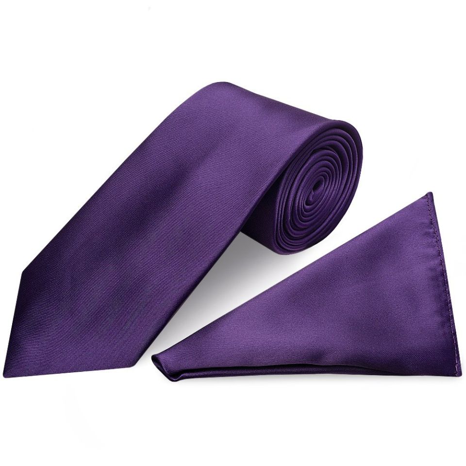 Plain Purple Satin Classic Men's Tie and Pocket Square Set