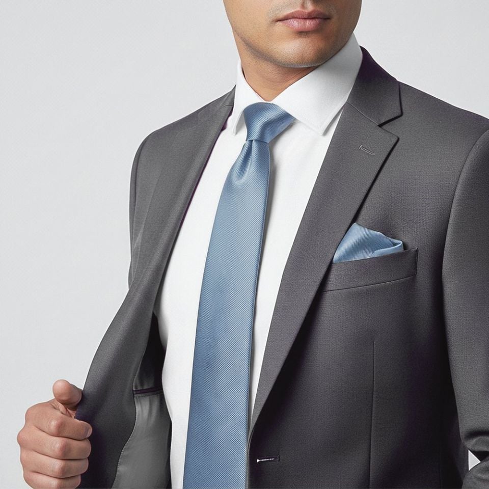 Light Blue Silk Twill Classic Mens Tie and Pocket Square Set