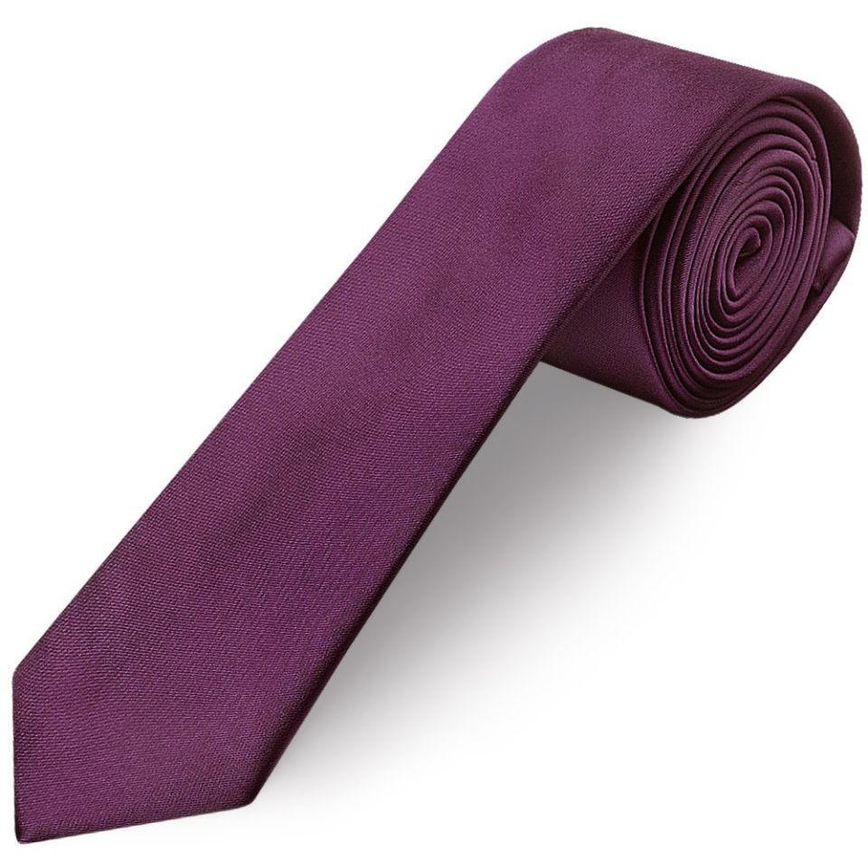 Plain Plum Satin Skinny Men's Tie and Pocket Square Set