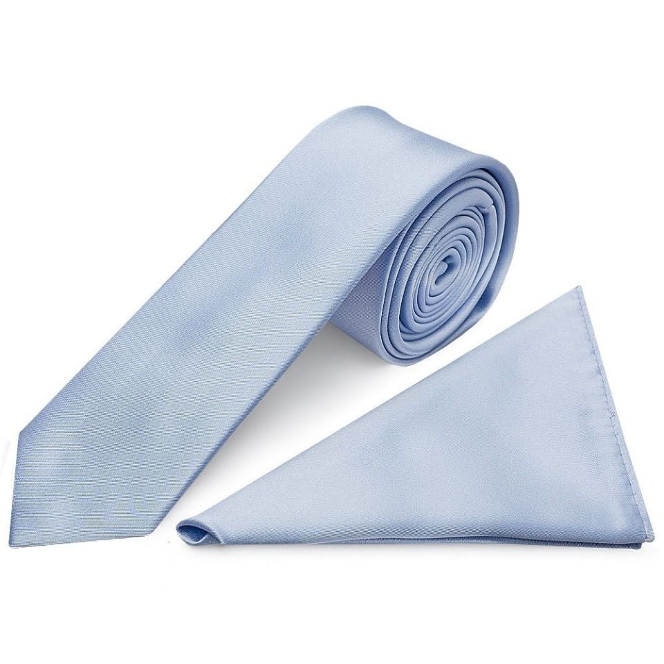 Plain Dusty Blue Boys Satin Skinny Tie and Pocket Square