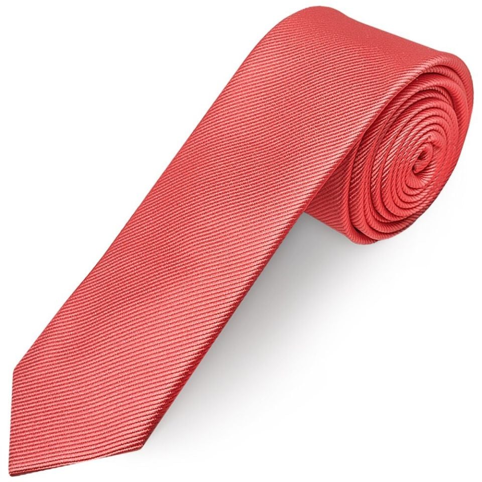 Salmon Pink Silk Twill Skinny Mens Tie and Pocket Square Set