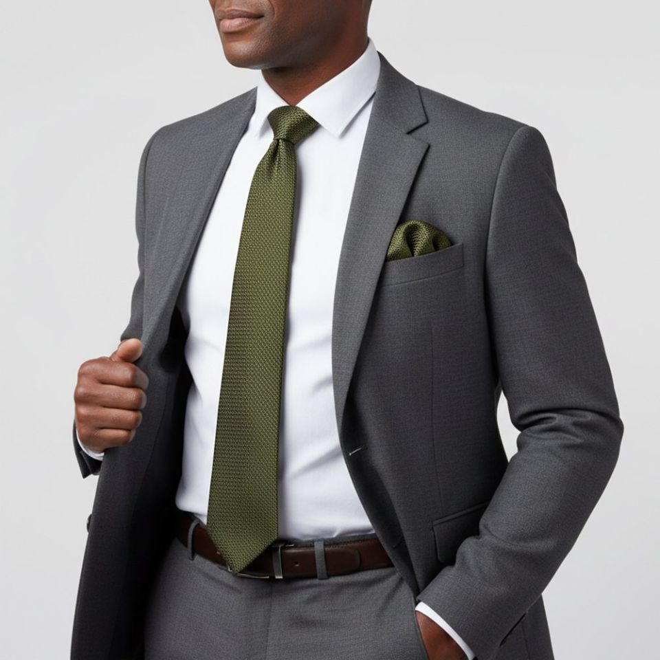 Olive Green Textured Classic Tie and Pocket Square Set