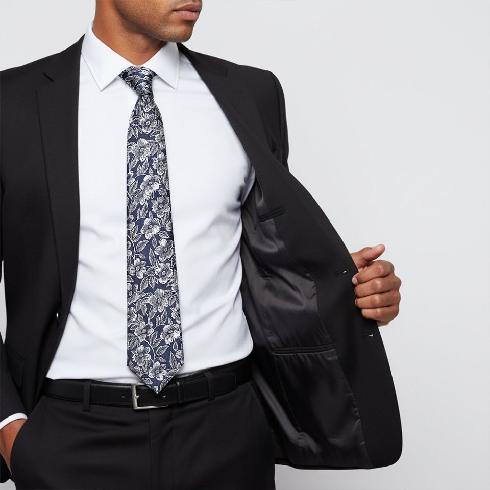 Mens Navy Floral Silk Classic Tie