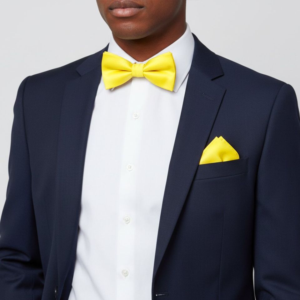 Plain Sunshine Yellow Handmade Mens Bow Tie and Pocket Square Set