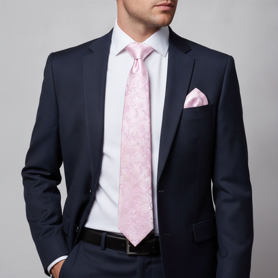 Light Dusty Pink Floral Classic Men's Tie and Pocket Square Set