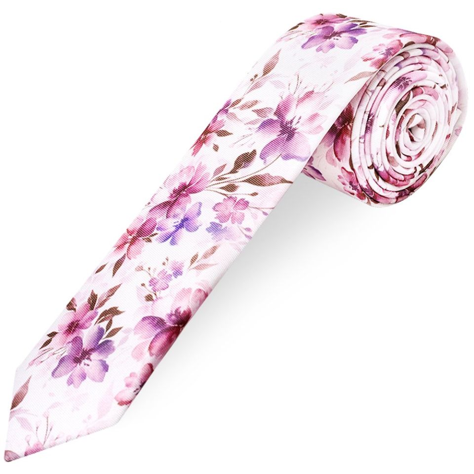 Pink Large Floral Mens Skinny Tie and Pocket Square Set
