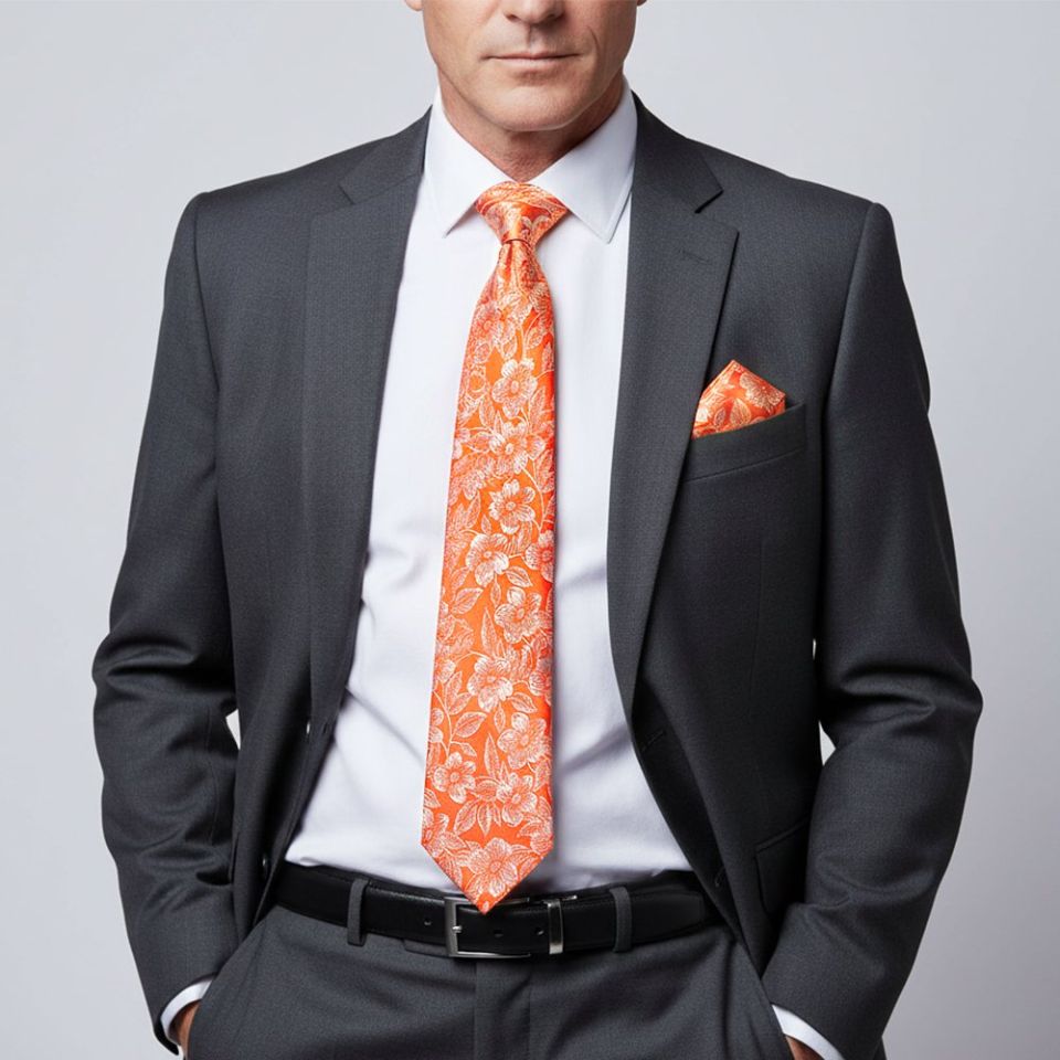 Mens Orange Floral Silk Classic Tie and Pocket Square