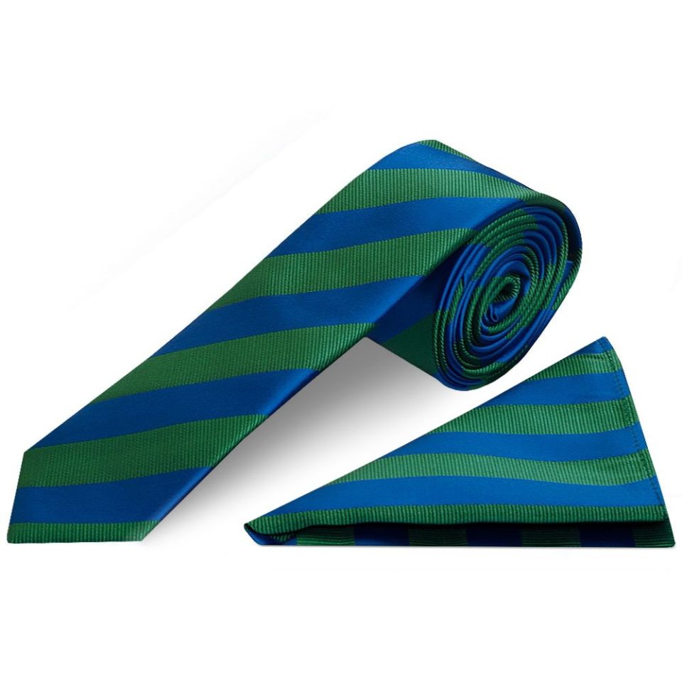 Blue and Green Striped Skinny Men's Tie and Pocket Square Set