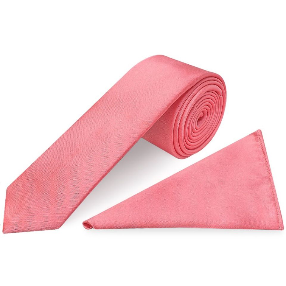 Plain Light Coral Pink Satin Skinny Boys Tie and Pocket Square Set