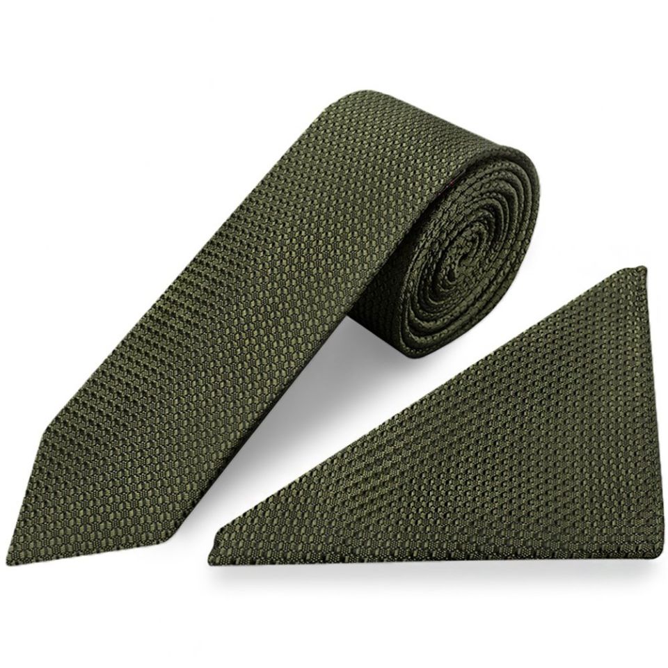 Olive Green Boys Textured Skinny Tie and Pocket Square Set