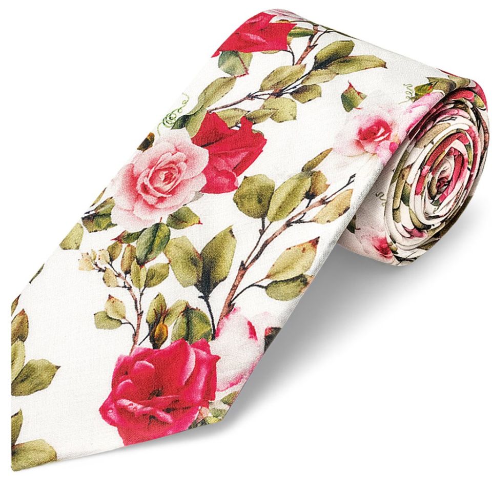 White Cotton with Green Leaves and Rose Pattern Classic Tie and Pocket Square Set