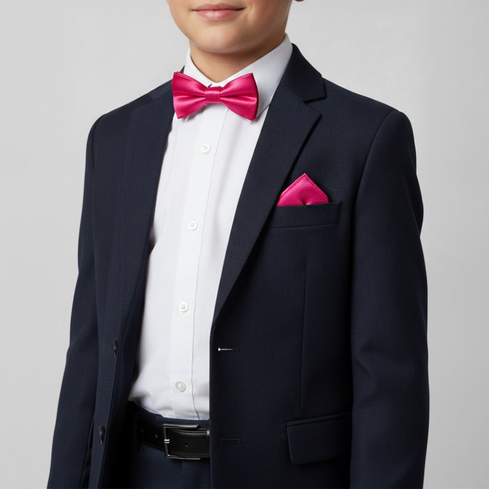 Pre Tied Cerise Pink Boys Bow Tie and Pocket Square Set