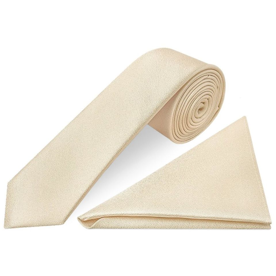 Plain Champagne Silk Skinny Boys Tie and Pocket Square Set