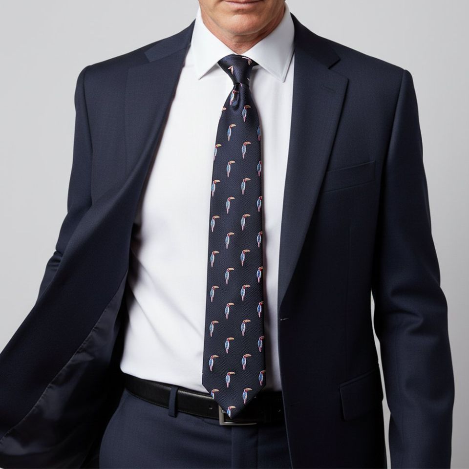 Men's Classic Navy Toucan Print Tie - Free Delivery