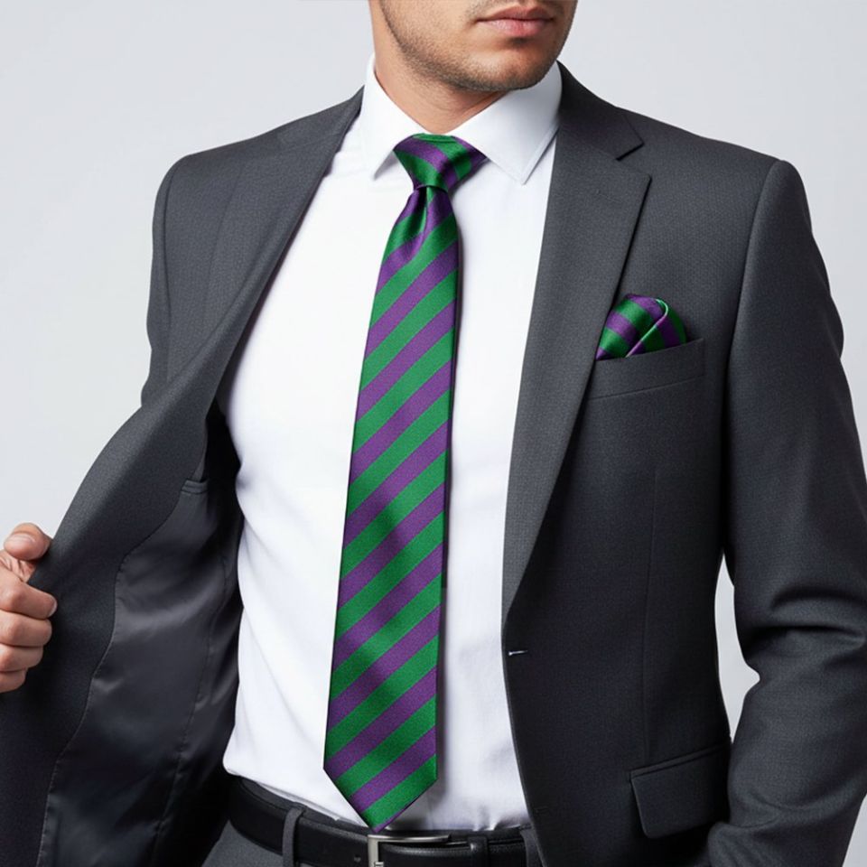 Green and Purple Striped Classic Men's Tie and Pocket Square Set