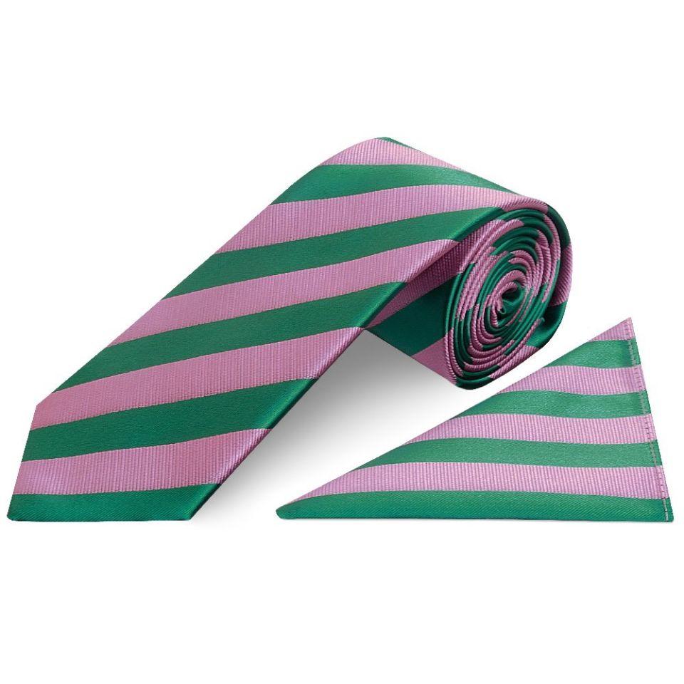 Pink and Green Striped Classic Men's Tie and Pocket Square Set