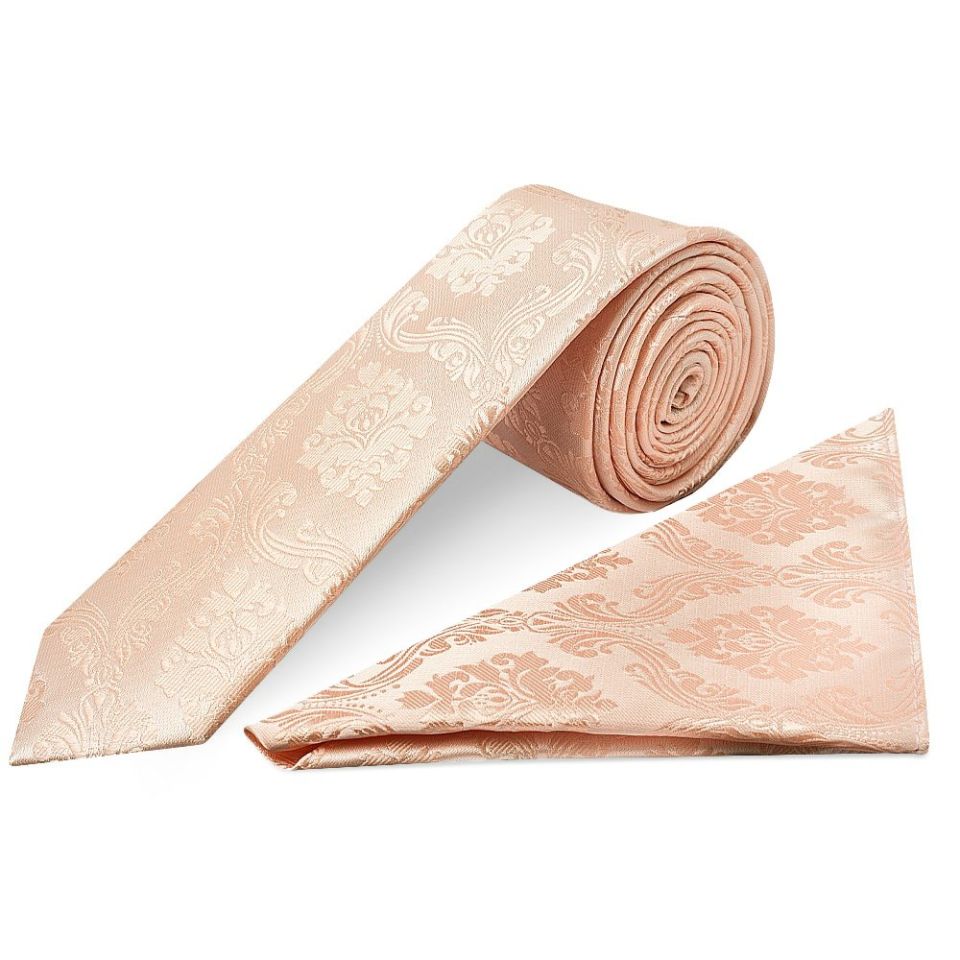 Light Peach Paisley Skinny Boys Tie and Pocket Square Set