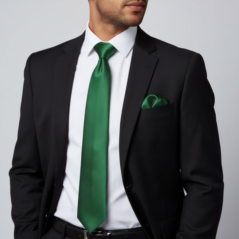 Plain Forest Green Satin Classic Men's Tie and Pocket Square Set