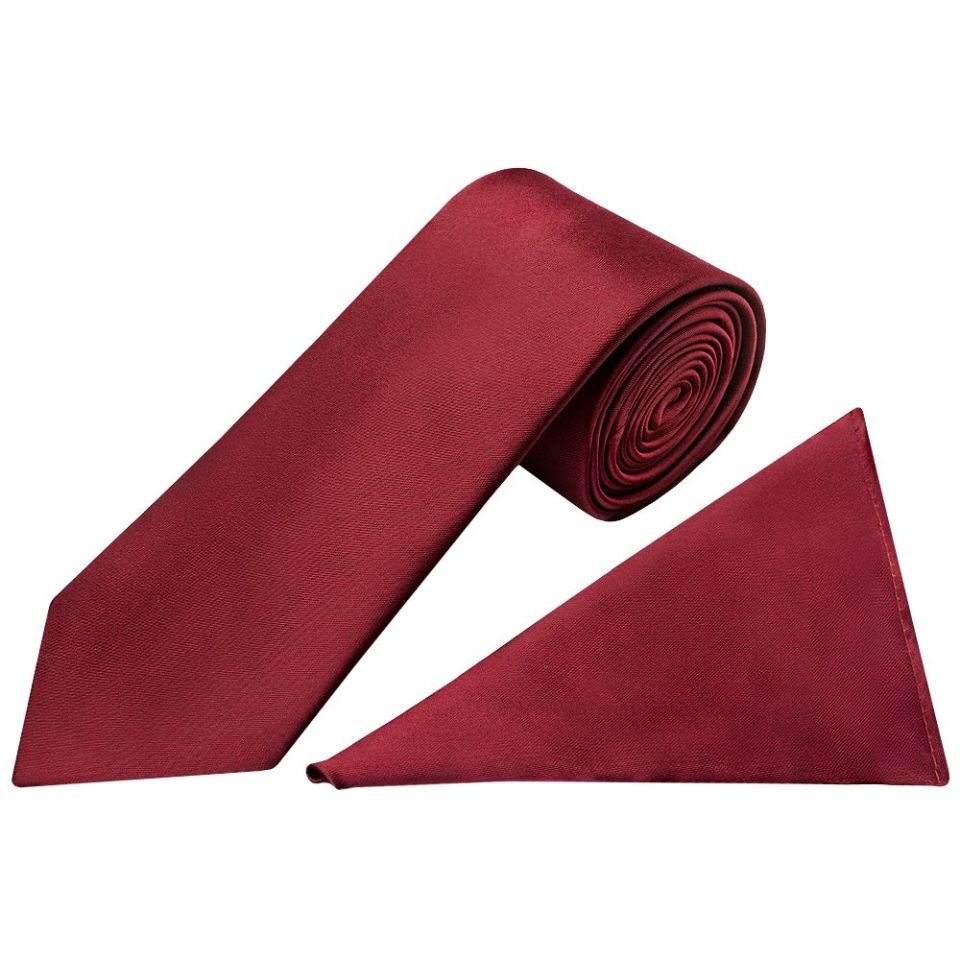 Plain Maroon Satin Classic Men's Tie and Pocket Square Set