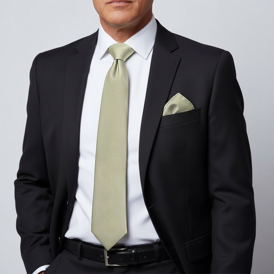 Plain Khaki Green Silk Classic Men's Tie and Pocket Square Set