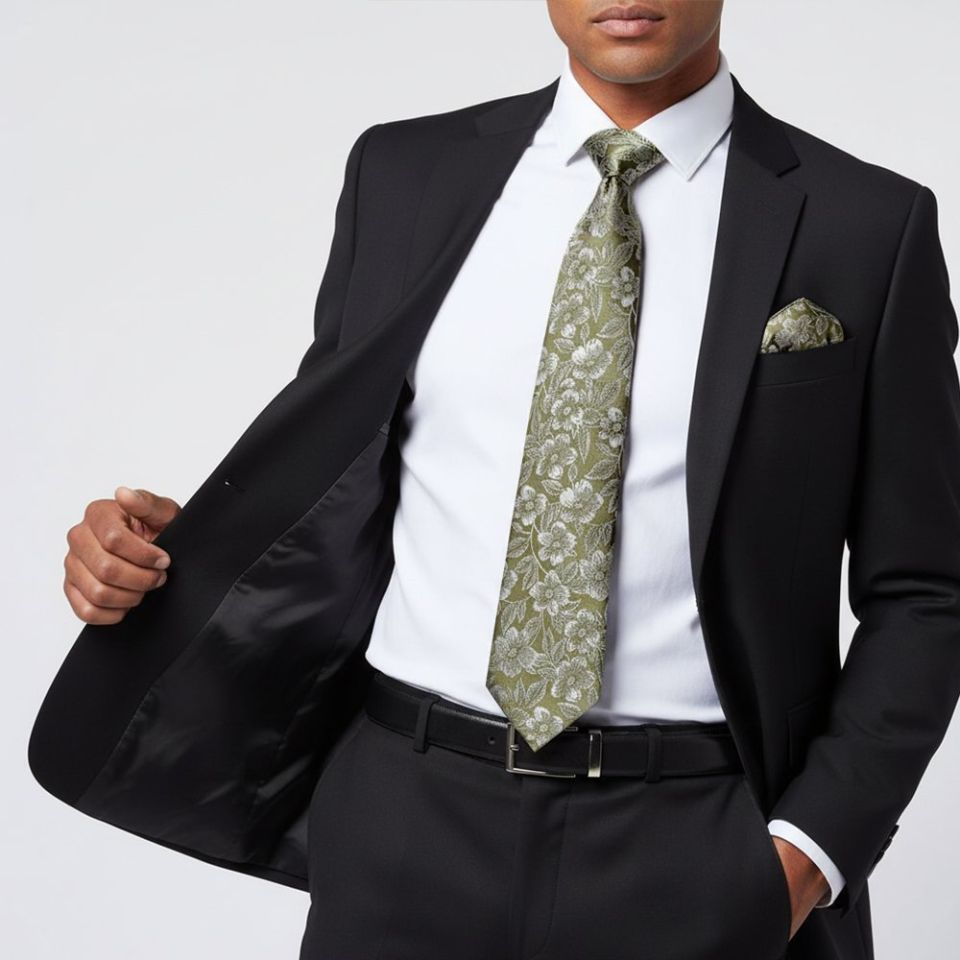 Mens Olive Floral Silk Classic Tie and Pocket Square